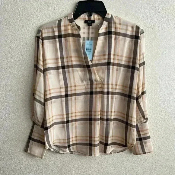 🆕Ann Taylor Whitecap Plaid Button-Cuff V-Neck Top XXS🆕 - Picture 3 of 11